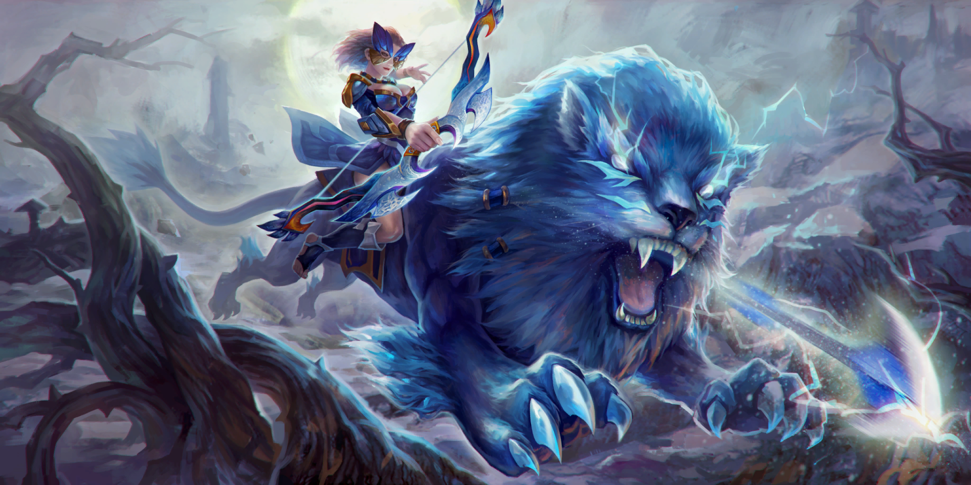 A striking HD wallpaper featuring a character from DotA 2 riding a fierce blue lion, set against a dramatic fantasy landscape.