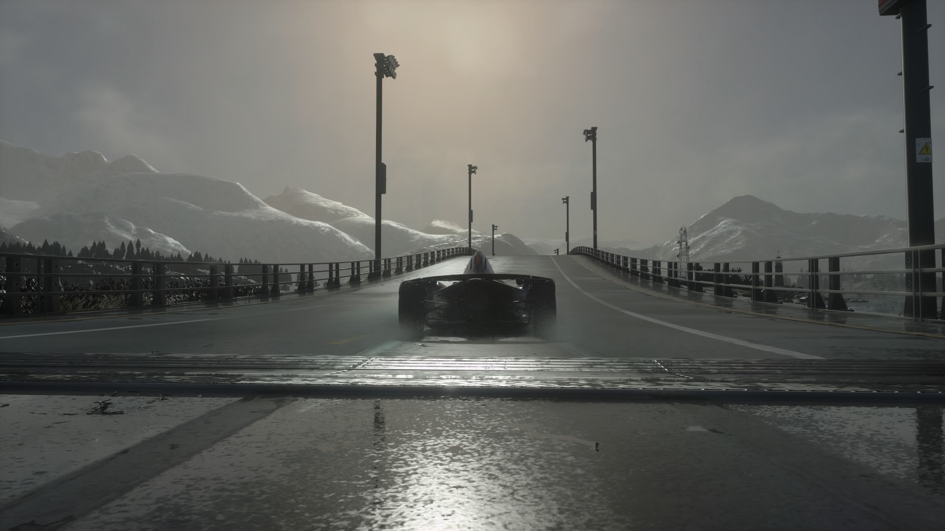 HD PC desktop wallpaper from the video game Driveclub, featuring a sleek car driving on a wet bridge with mountains in the background under a cloudy sky.