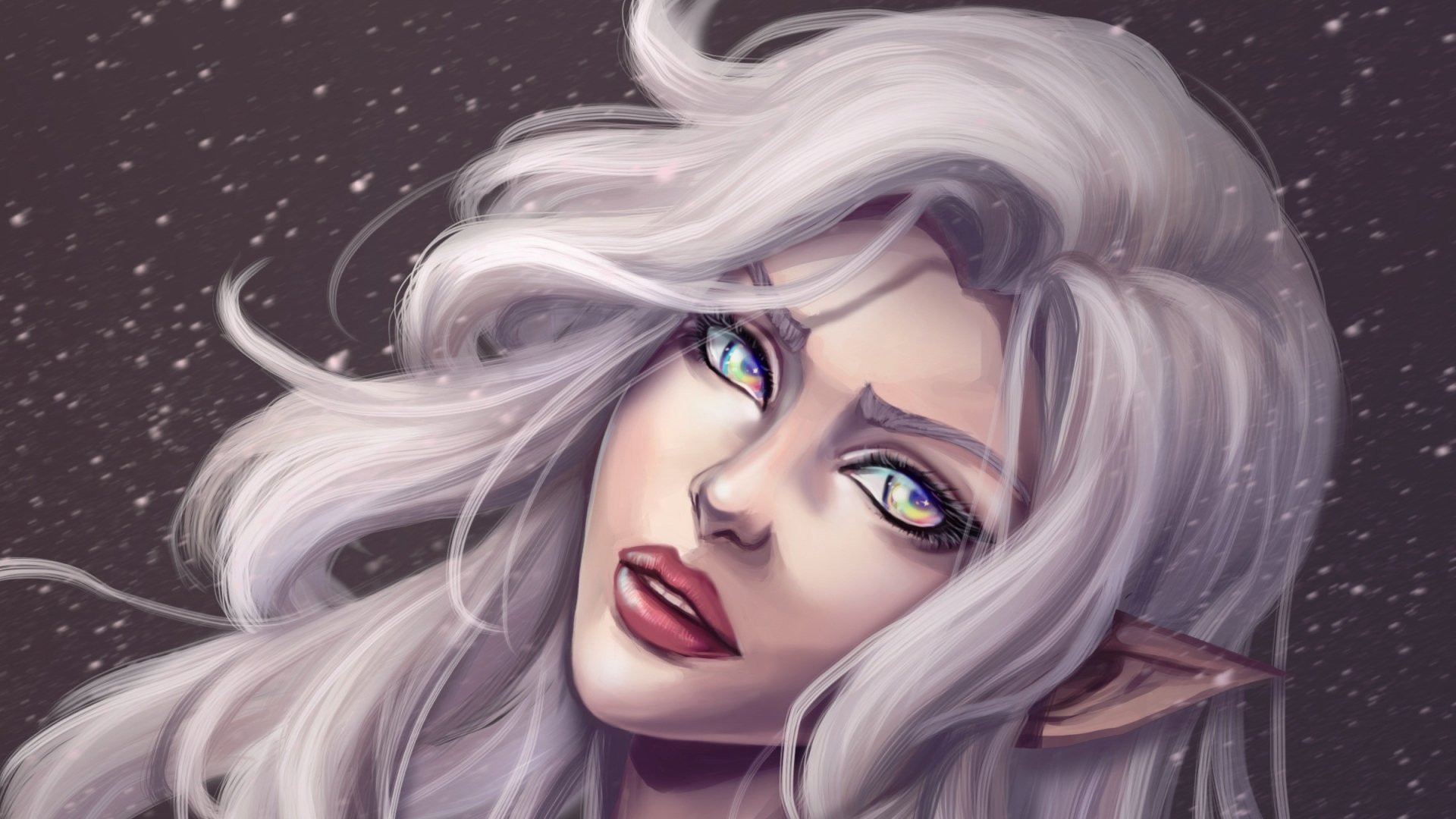 HD fantasy desktop wallpaper featuring a close-up of a woman with flowing white hair, glowing eyes, and pointed elf-like ears against a starry background.