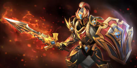 A dynamic HD wallpaper featuring the Dragon Knight from DotA 2, showcasing a heroic figure in ornate armor wielding a glowing sword and shield against a fiery background.