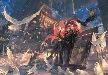 An HD desktop wallpaper from Pixiv Fantasia featuring a character with red hair amidst doves and a crow, set in a detailed, atmospheric city backdrop.
