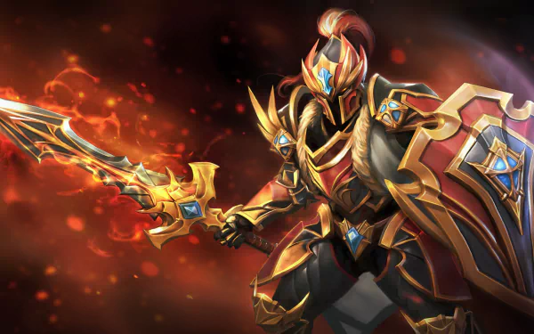 A dynamic HD wallpaper featuring the Dragon Knight from DotA 2, showcasing a heroic figure in ornate armor wielding a glowing sword and shield against a fiery background.