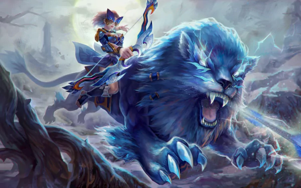 A striking HD wallpaper featuring a character from DotA 2 riding a fierce blue lion, set against a dramatic fantasy landscape.