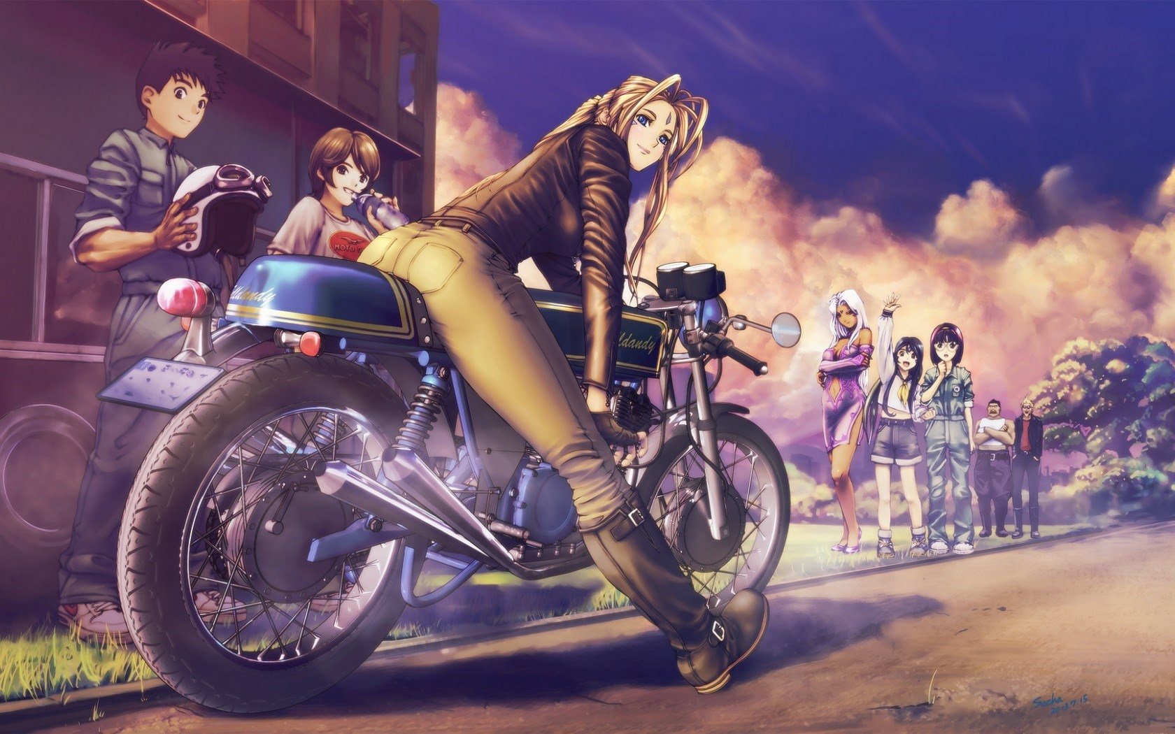 HD anime wallpaper featuring Keiichi Morisato and goddesses Skuld, Urd, and Belldandy from Ah! My Goddess, set against a vibrant sunset background with motorcycles.
