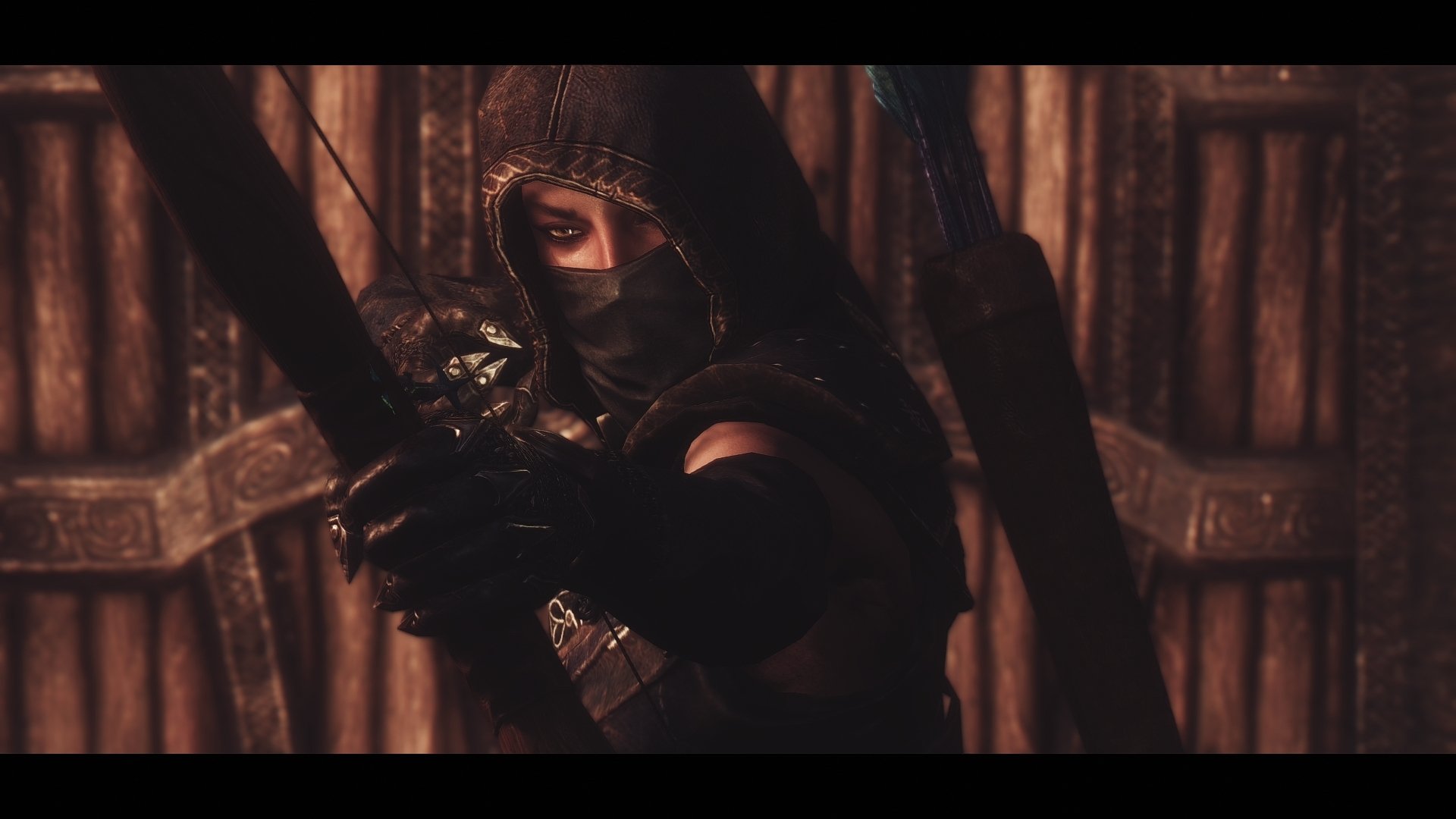 A mysterious archer draws their bow, shrouded in dark attire, set against a backdrop reminiscent of The Elder Scrolls V: Skyrim, capturing the essence of this iconic video game.