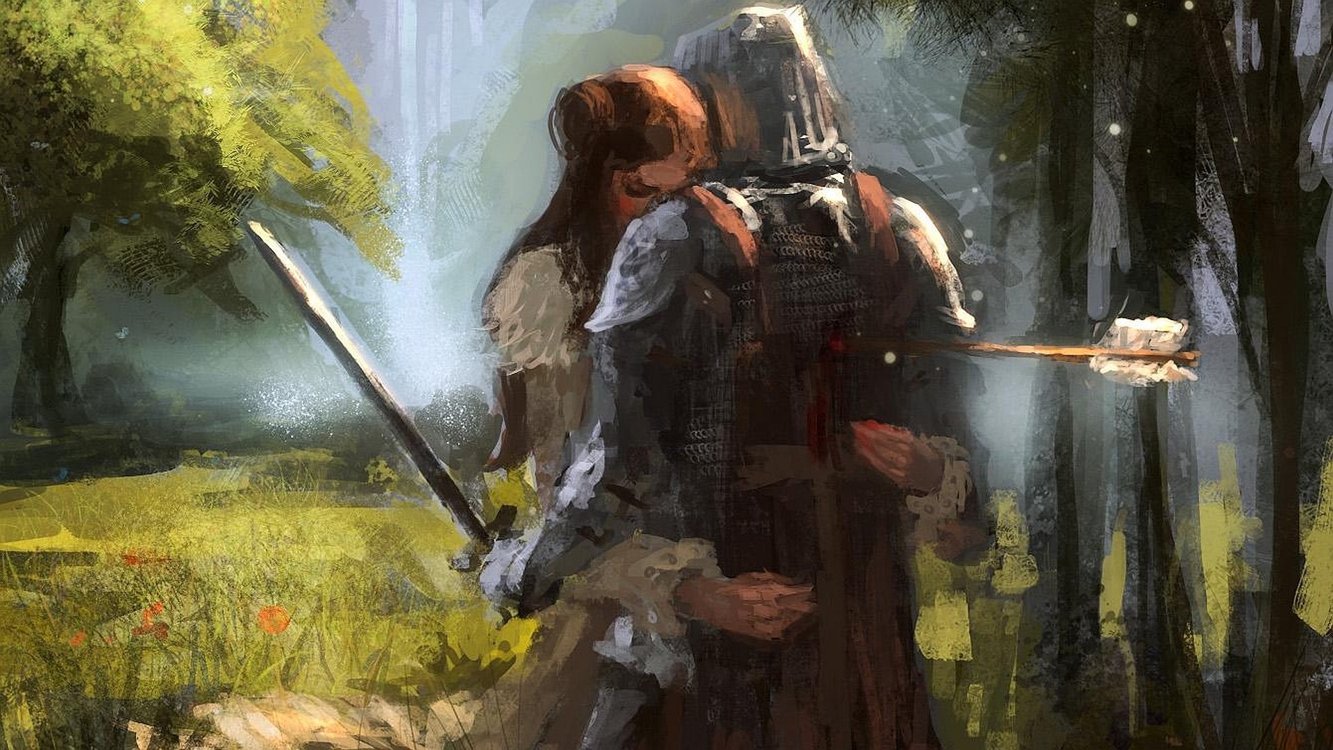 A fantasy warrior embraces a companion in a sunlit forest, portrayed in detailed digital art as an HD PC desktop wallpaper and background.