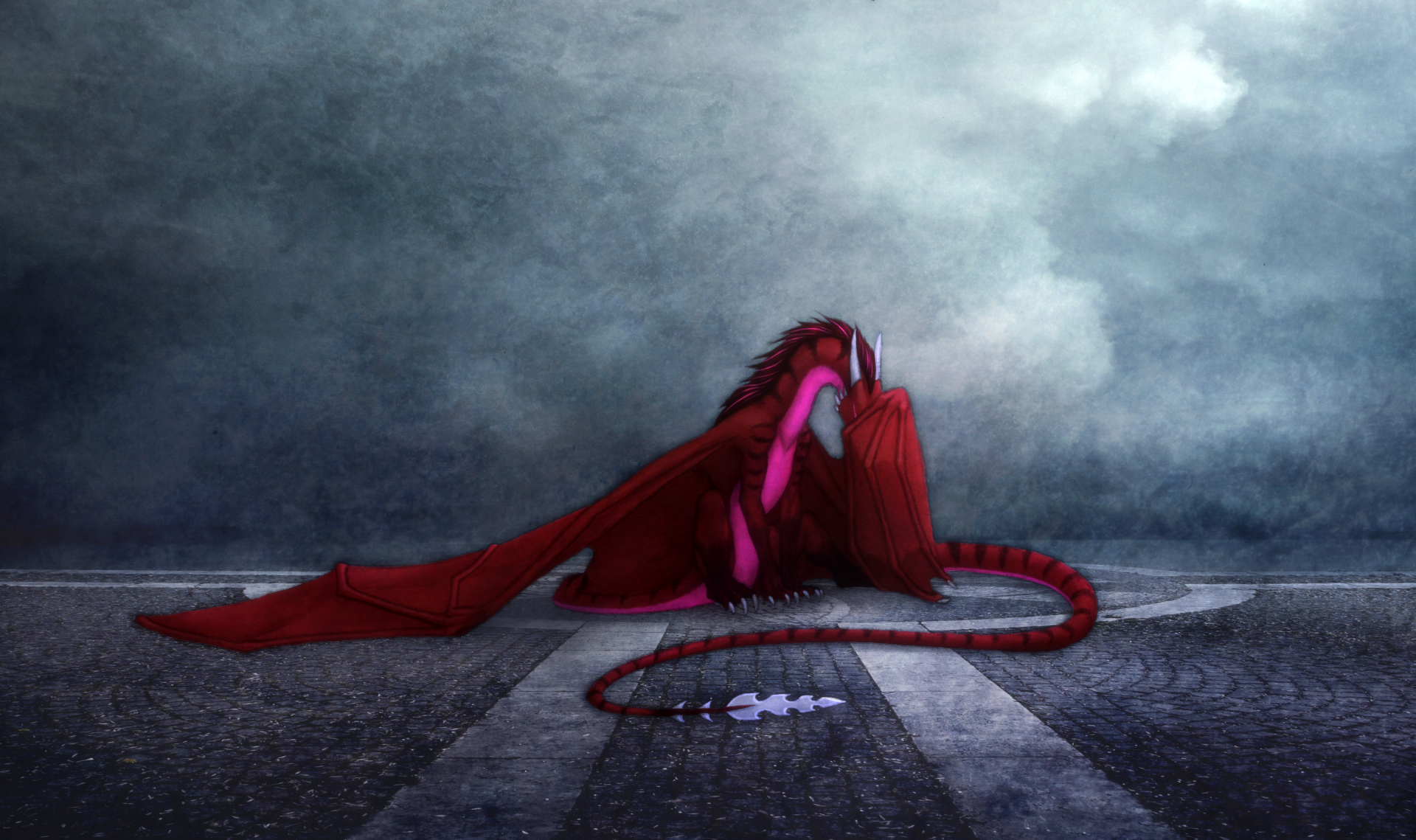 A fantasy dragon with tears sits alone on a dark, wet street under a stormy sky, captured in a high-definition PC desktop wallpaper.