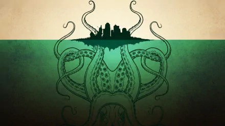 HD fantasy PC desktop wallpaper depicting a giant Cthulhu-like octopus rising beneath a city skyline with tentacles extending into the water and sky.