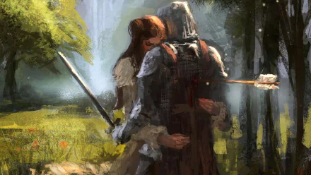 A fantasy warrior embraces a companion in a sunlit forest, portrayed in detailed digital art as an HD PC desktop wallpaper and background.