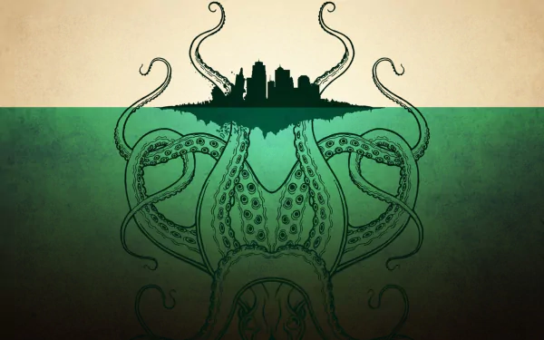 HD fantasy PC desktop wallpaper depicting a giant Cthulhu-like octopus rising beneath a city skyline with tentacles extending into the water and sky.