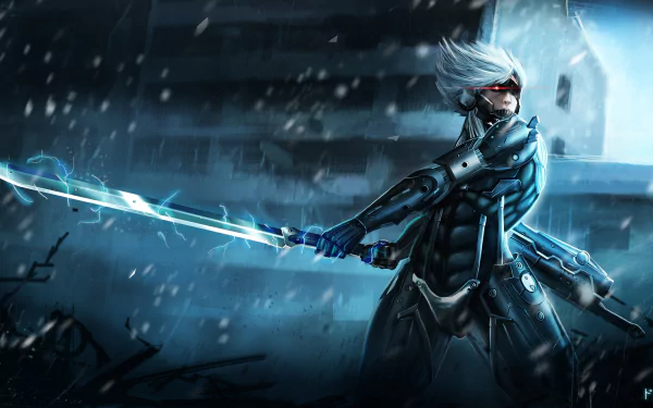 Raiden from Metal Gear stands ready with his katana, surrounded by a dramatic, stormy backdrop. This 4K Ultra HD wallpaper captures the essence of Metal Gear Rising: Revengeance.