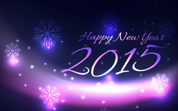 HD PC desktop wallpaper featuring glowing purple snowflakes and light trails with Happy New Year 2015 text, celebrating the holiday season.