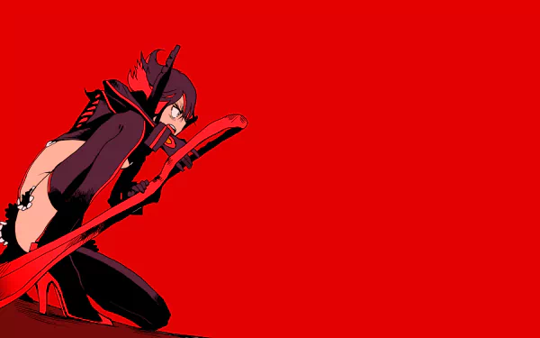 Ryūko Matoi from the anime Kill La Kill is depicted in a dynamic pose against a vivid red background, making for a striking HD desktop wallpaper and background.