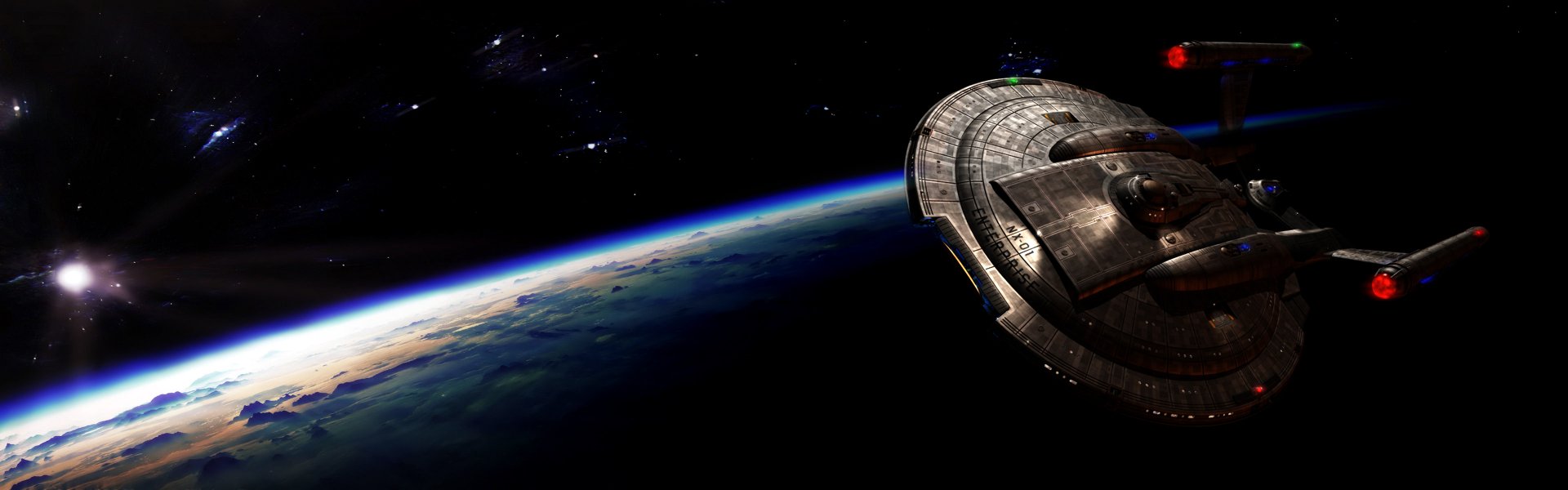Sci-Fi Star Trek HD PC desktop wallpaper and background: a saucer-shaped starship glides above a blue planet's illuminated limb with a dark starfield beyond.