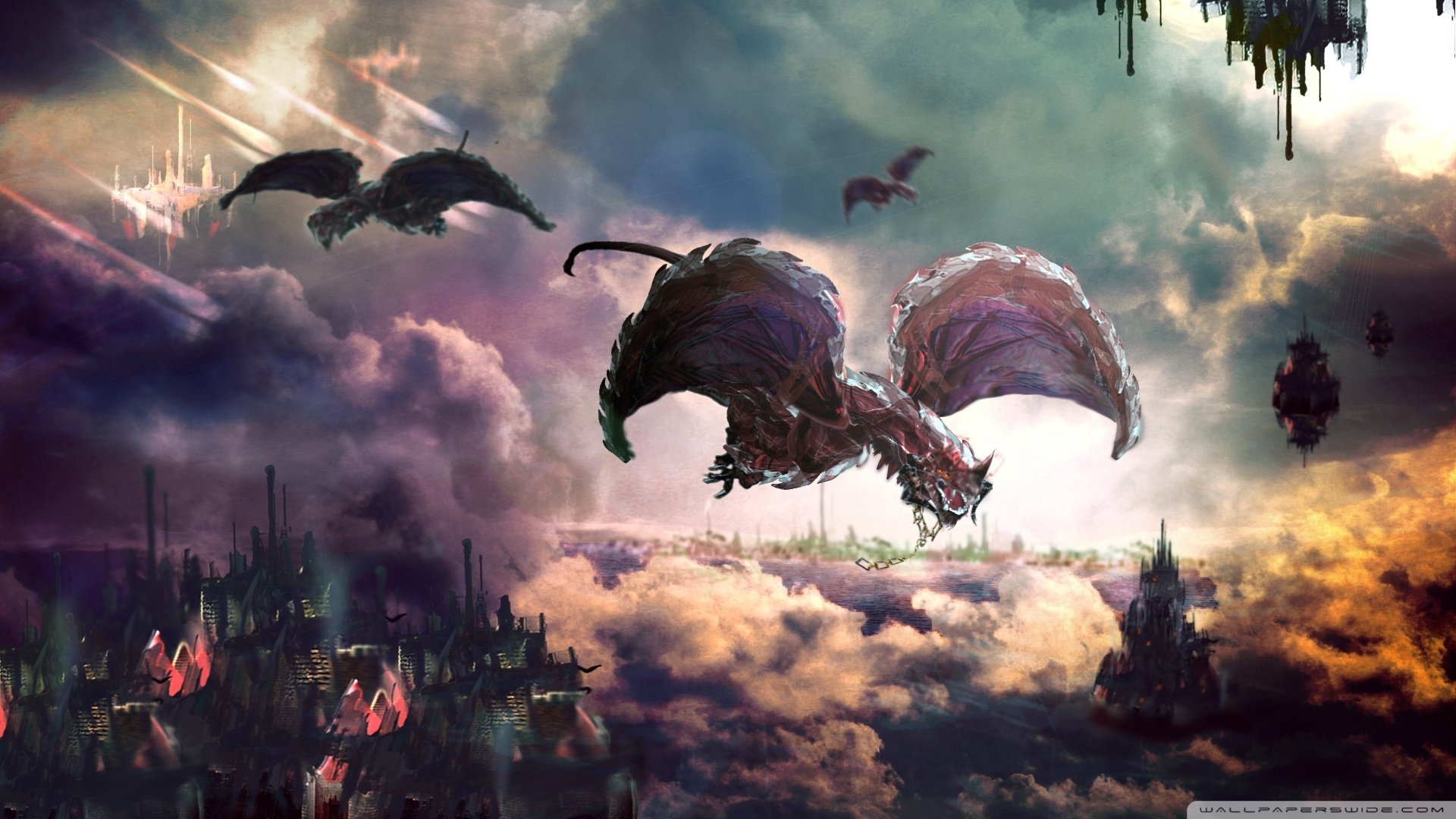 HD PC desktop wallpaper: fantasy dragon soaring above cloud cities and floating castles under stormy, colorful skies, smaller dragons and gothic spires on distant floating islands.