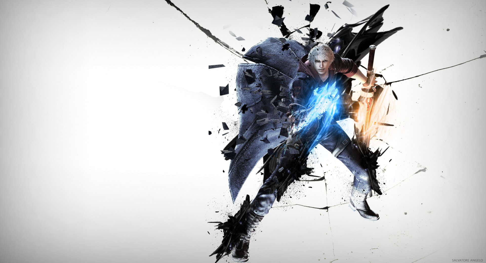HD desktop wallpaper of Nero from Devil May Cry 4, featuring a dynamic and fragmented design. Nero is showcased with his trademark sword and glowing arm, symbolizing his iconic character in the video game series.