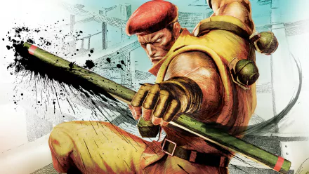 HD PC wallpaper of Rolento from the video game Street Fighter, in a dynamic combat pose swinging his baton against a stylized urban backdrop.
