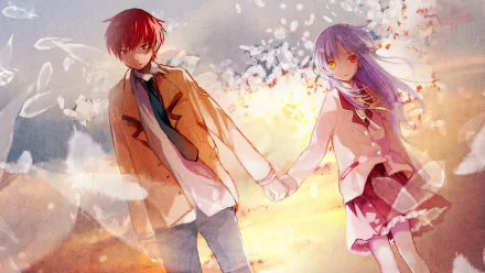 A vibrant HD wallpaper featuring Yuzuru Otonashi and Kanade Tachibana from the anime Angel Beats! walking hand in hand amidst a dreamy, colorful background.