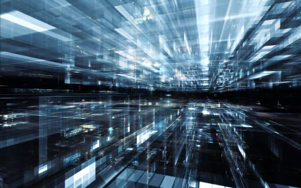 A dynamic HD PC desktop wallpaper illustrating technology and cyberspace, featuring an abstract, futuristic design with luminous blue and silver elements and a sense of depth and motion.