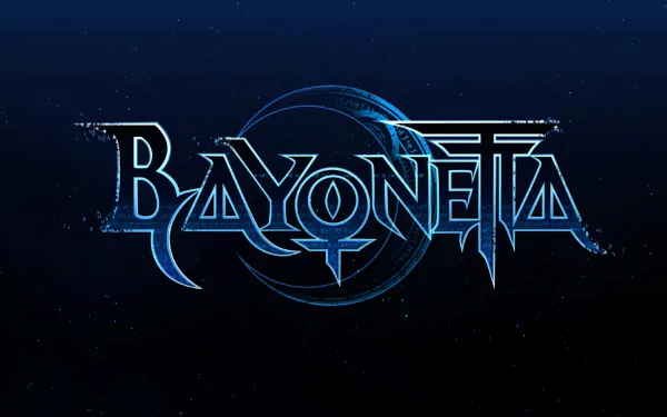 HD PC desktop wallpaper featuring the Bayonetta video game logo in stylized blue lettering against a dark, starry background, referencing the Bayonetta character.