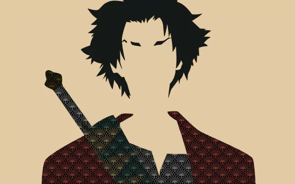 Minimalist HD anime wallpaper featuring Mugen from Samurai Champloo with his sword, set against a beige background.