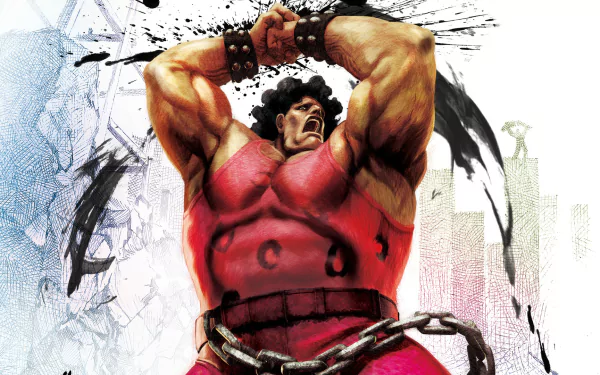 HD PC desktop wallpaper featuring a powerful Street Fighter character in a dynamic pose, showcasing bold colors and vivid game-inspired art style.