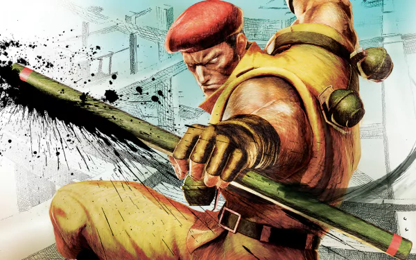 HD PC wallpaper of Rolento from the video game Street Fighter, in a dynamic combat pose swinging his baton against a stylized urban backdrop.