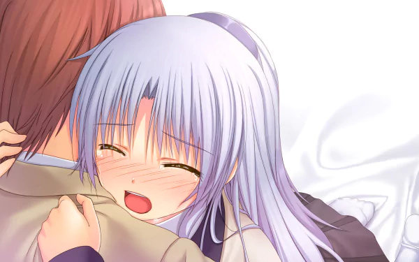 A heartwarming scene from the anime Angel Beats! featuring Yuzuru Otonashi embracing Kanade Tachibana, captured in vibrant HD for a striking desktop wallpaper.
