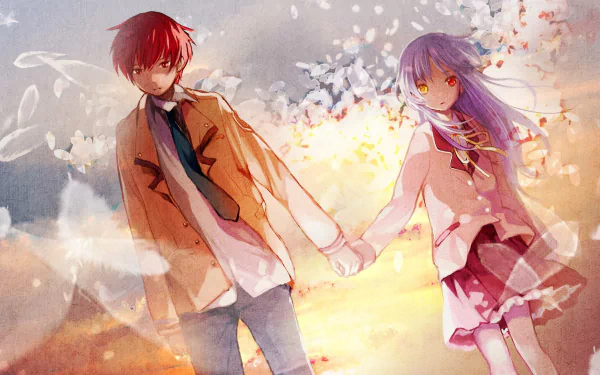 A vibrant HD wallpaper featuring Yuzuru Otonashi and Kanade Tachibana from the anime Angel Beats! walking hand in hand amidst a dreamy, colorful background.