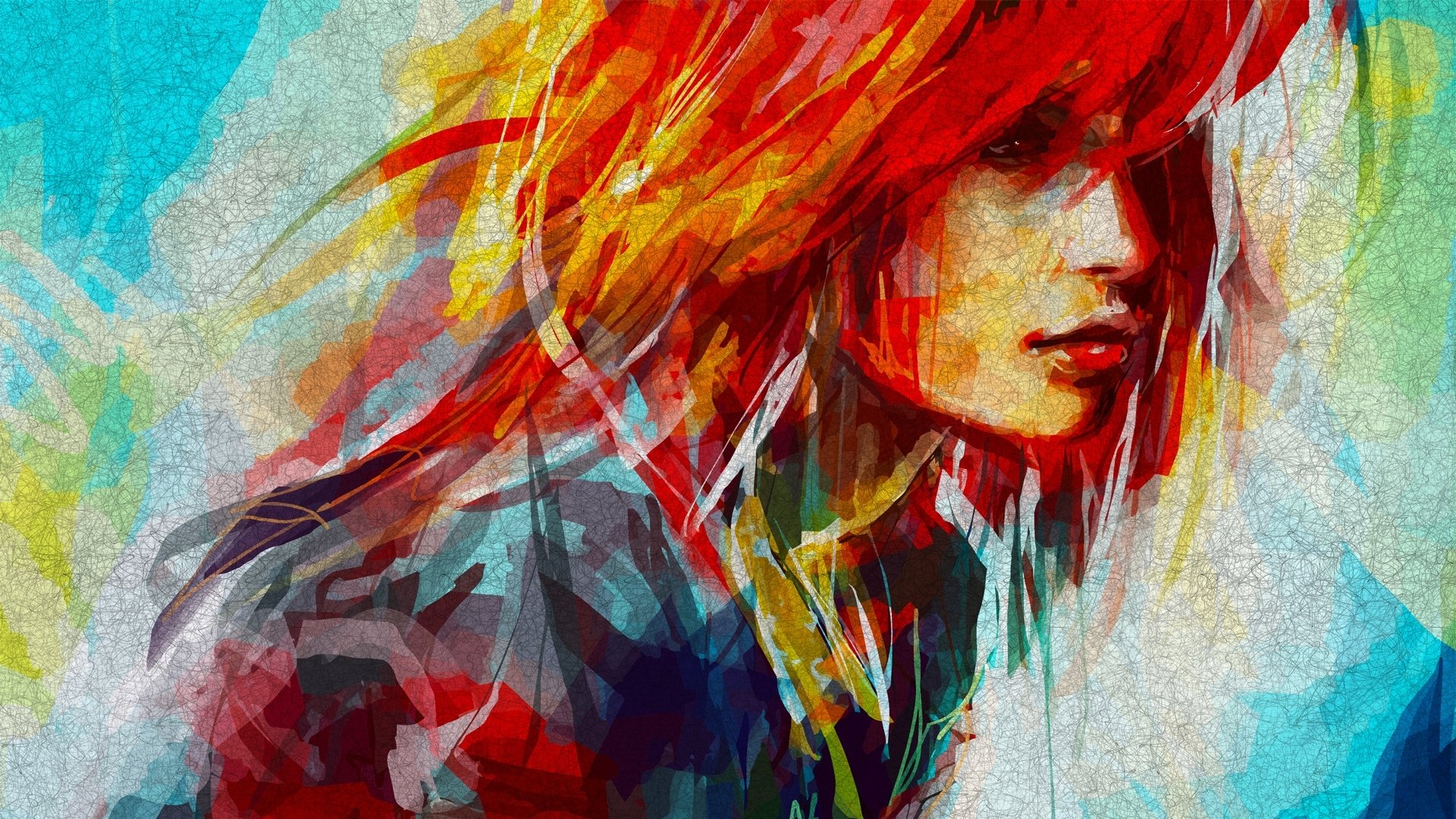 HD desktop wallpaper featuring a vibrant fantasy painting of a woman with flowing, colorful hair in a dynamic, abstract style.