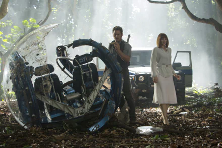 Bryce Dallas Howard and Chris Pratt stand in a lush jungle setting, with a damaged vehicle in the foreground, capturing a moment from the movie Jurassic World. High-definition wallpaper.