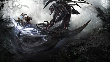 HD PC desktop wallpaper featuring a dynamic battle scene from the video game Evolve, showcasing a fierce alien creature confronting armed hunters in a dark, misty environment.