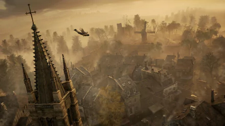 HD desktop wallpaper showing a misty landscape from Assassin's Creed: Unity, with a church spire and old rooftops.