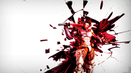 HD PC desktop wallpaper featuring Samuel Rodrigues from the video game Metal Gear Rising: Revengeance in a dynamic pose with red and black abstract splashes.