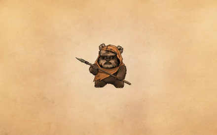 An adorable Ewok stands proudly with a spear against a warm, neutral background, featuring a design inspired by the Star Wars movie universe in HD desktop wallpaper format.
