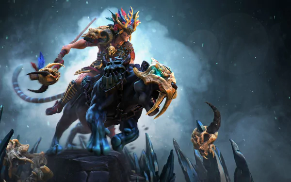 HD fantasy desktop wallpaper depicting a fierce shaman warrior adorned with tribal armor, riding a monstrous beast against a mystical, foggy backdrop.
