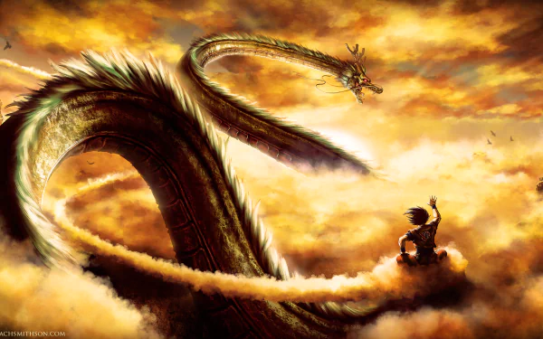 HD desktop wallpaper featuring Goku from Dragon Ball Z facing the mighty Shenron in a dramatic, cloud-filled sky.