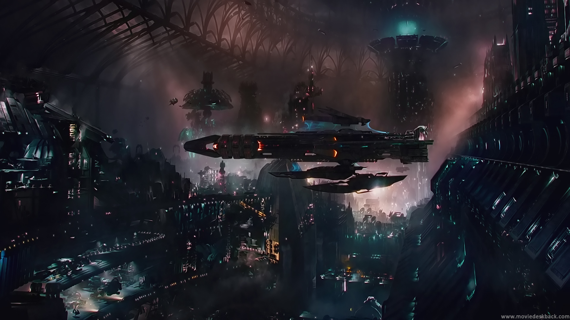 HD wallpaper featuring a sci-fi cityscape from Jupiter Ascending with futuristic ships and towering structures.