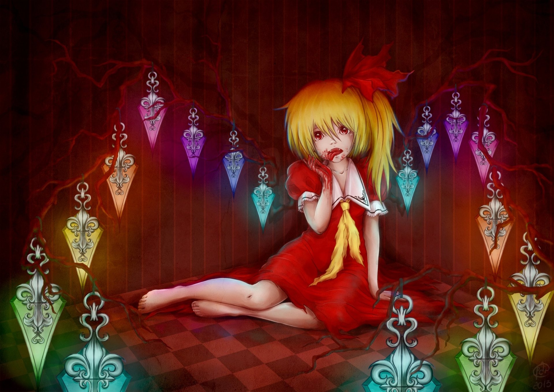 HD PC desktop wallpaper featuring Flandre Scarlet from the anime Touhou, surrounded by colorful, glowing crystal pendants against a dark, textured background.