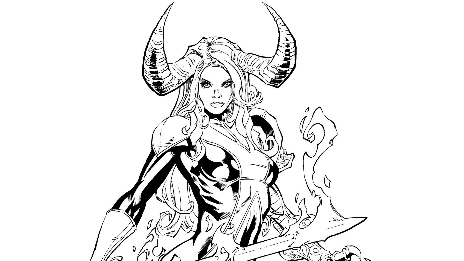 A striking black and white illustration of Magik from Marvel Comics, featuring her powerful stance with a sword and fiery elements, designed as an HD PC desktop wallpaper.