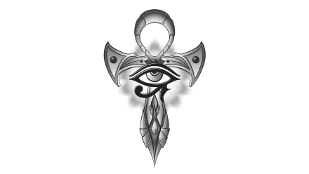 Artistic grayscale ankh design featuring a central eye and intricate geometric patterns, rendered as a high-definition PC desktop wallpaper and background.
