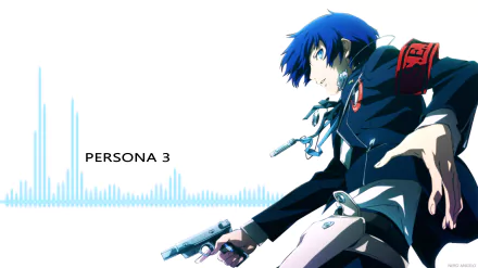 HD PC wallpaper featuring Makoto Yuki from the video game Persona 3, depicted in dynamic pose with a gun and signature armband against a white background with sound wave graphics.