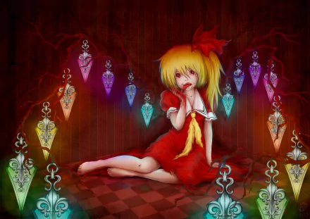 HD PC desktop wallpaper featuring Flandre Scarlet from the anime Touhou, surrounded by colorful, glowing crystal pendants against a dark, textured background.