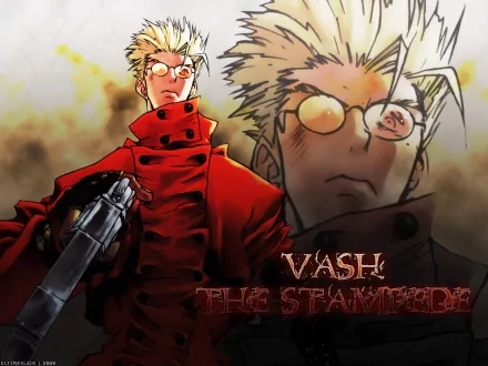 HD desktop wallpaper featuring Vash the Stampede from the anime Trigun. The character is depicted in a red coat, holding a gun, with a background of fire and a close-up of his face.