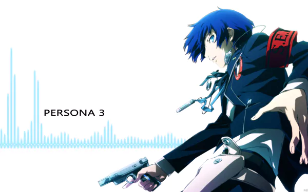 HD PC wallpaper featuring Makoto Yuki from the video game Persona 3, depicted in dynamic pose with a gun and signature armband against a white background with sound wave graphics.