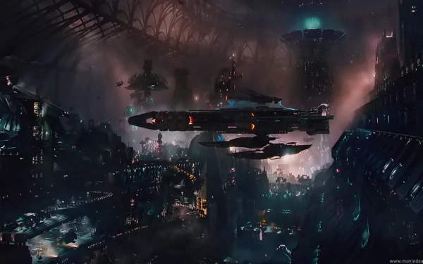 HD wallpaper featuring a sci-fi cityscape from Jupiter Ascending with futuristic ships and towering structures.