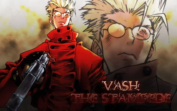 HD desktop wallpaper featuring Vash the Stampede from the anime Trigun. The character is depicted in a red coat, holding a gun, with a background of fire and a close-up of his face.