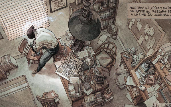 HD PC desktop wallpaper featuring a detailed comic-style illustration of John Blacksad in a cluttered detective’s office, tagged with John Blacksad, Comic, blacksad.