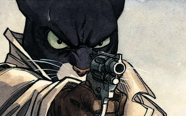 A striking HD wallpaper featuring John Blacksad, the noir-inspired comic character, wielding a gun with intense focus, set against a dramatic background.