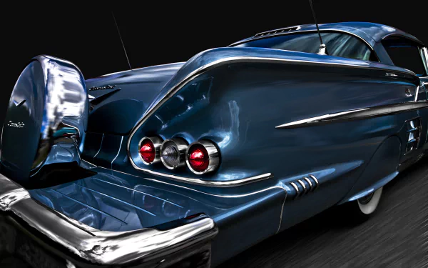 HD desktop wallpaper featuring a sleek blue 1958 Chevrolet Impala, highlighting its distinctive rear tail lights and classic chrome details.